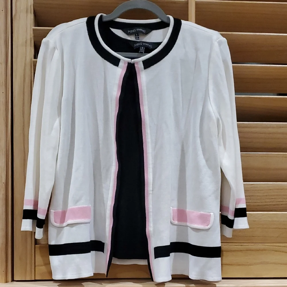 Ming Wang White Blazer with Pink and Black Accents - Picture 3 of 11